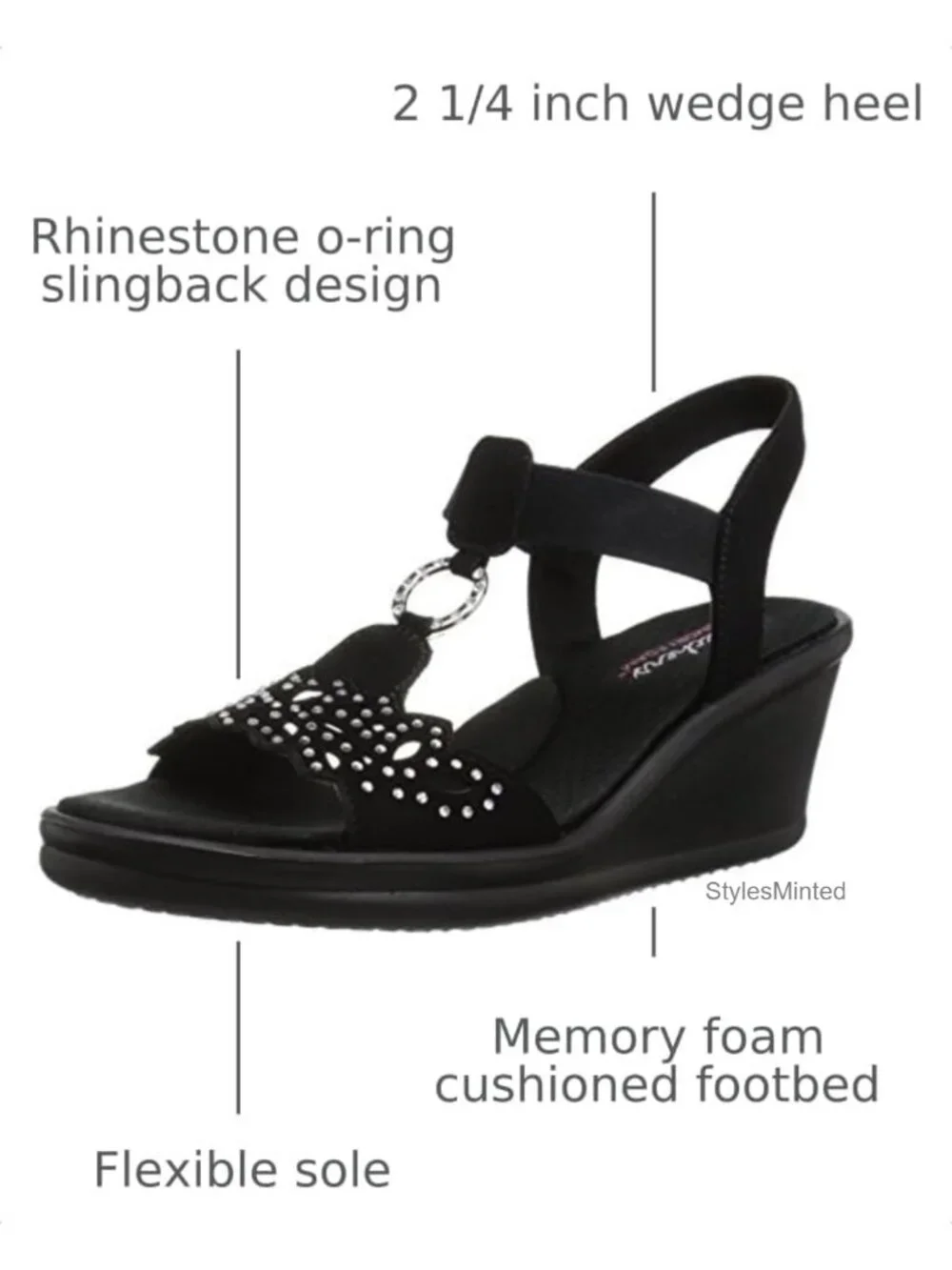Skechers Women's Wedge Sandals Memory Foam Rhinestone Slingback Platform